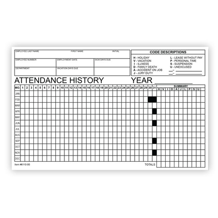 ASP Employee Attendance Tracker, 8" X 5", 50 Per Pack Pk 6110-00